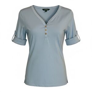 Ralph Lauren Light Blue Henley Roll-Tab Sleeve Women Small Top Old Money Preppy